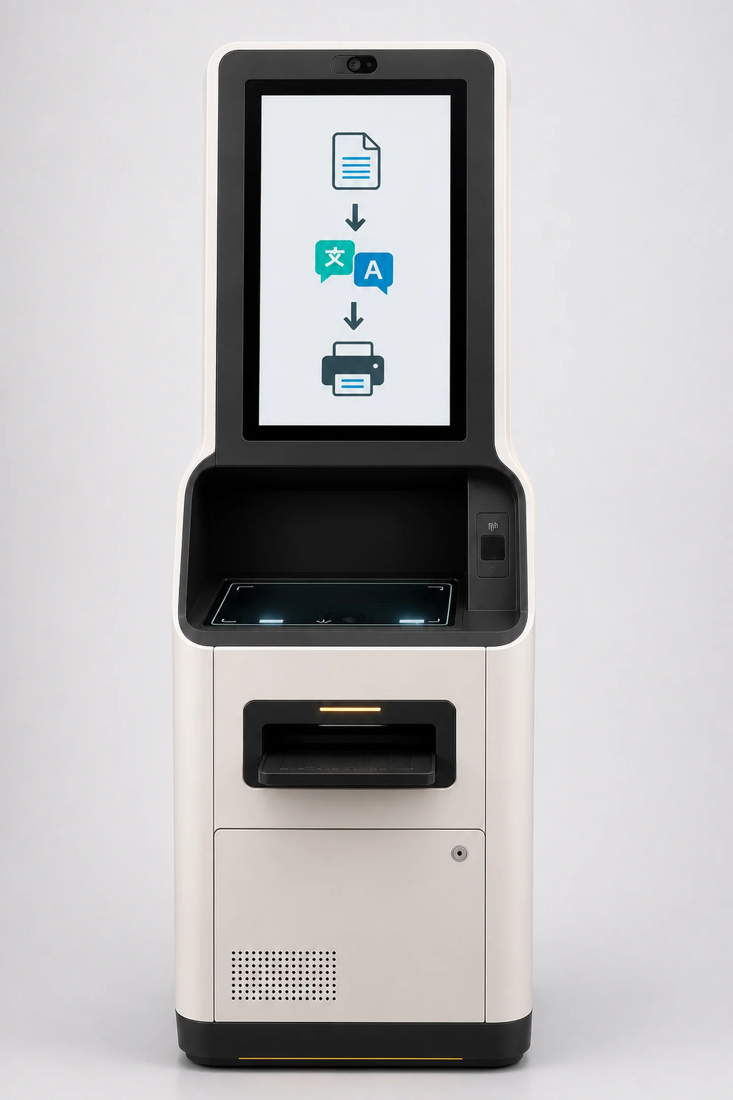 Pohled zepředu na překladatelský kiosek xlat.ai s dotykovou obrazovkou, skenerem a tiskárnou
