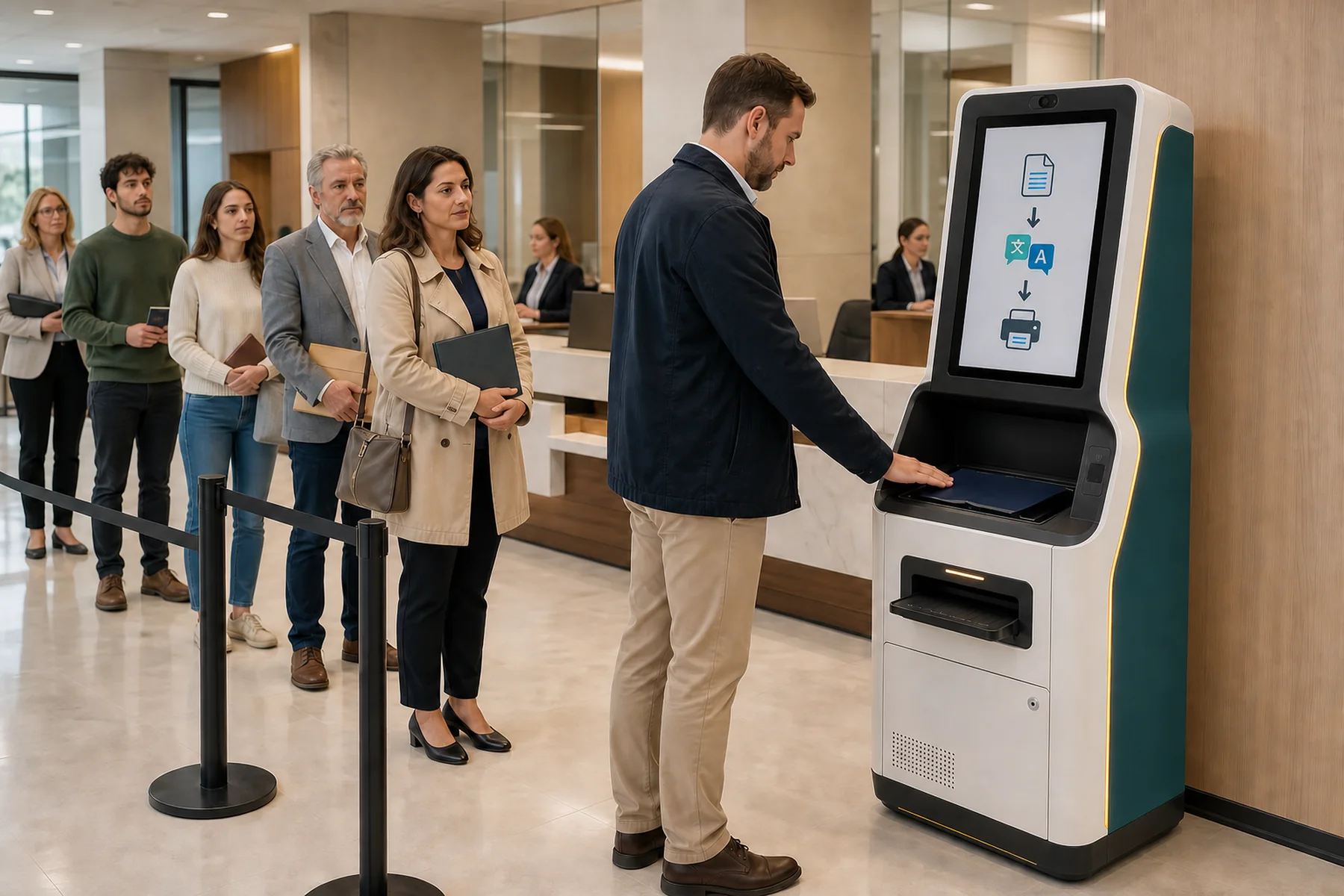 Návštěvníci používající samoobslužný překladatelský kiosk v notářské kanceláři