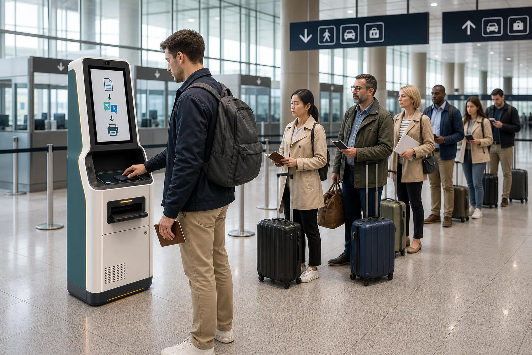 Cestovatelé používající samoobslužný překladatelský kiosk v přístavu
